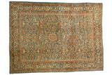 Distressed vintage Mahal carpet with allover scrolling floral motifs in pale denim blue, ivory, blush.