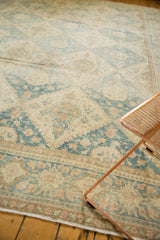 Distressed Sivas carpet showing even pile wear, faded denim blue lattice florals, and fringe.
