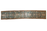 Distressed vintage Malayer runner, dusty blue and neutral allover pattern, showing mostly even wear.