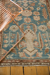 Distressed vintage Malayer runner end, fringe, dusty blue field, allover pattern, mostly even wear.