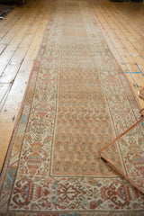 Malayer runner border with vase and floral motifs in soft beige, sand, and terra cotta. Field shows distressed boteh patterns.