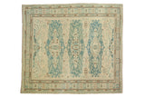 Hand woven Soumac square carpet, ivory and slate blue geometric elongated medallions, 7' x 7'8