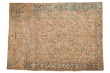 Distressed Mehrivan rug, allover geometric floral design and samovar border, muted beige and blue.