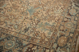 Distressed Mehrivan carpet with geometric florals, samovar border in beige, sand, dusty teal.