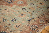 Distressed Vintage Tabriz rug, seafoam green field, oversized leaves, pale rust border, even wear.