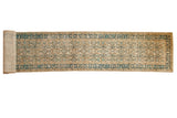 Vintage Distressed Hamadan runner with allover Herati motif in beige, indigo, and ivory.