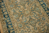 Distressed vintage Hamadan runner showing beige Herati motif and blue floral vine border.