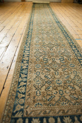 Distressed traditional Persian Hamadan runner, worn beige Herati pattern, indigo border.