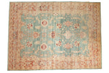 Distressed Oushak carpet with aqua blue field, blush coral and ivory staggered design, 8'9