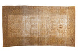 Vintage distressed Hamadan rug with oversized medallion, classic Samovar border, faded gold, ivory, beige.