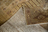 Hand-knotted foundation and distressed gold-beige pile with visible wear on Hamadan rug.