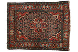 Vintage Dargezine square rug with quatrefoil medallion, Herati motif, madder red and navy blue.