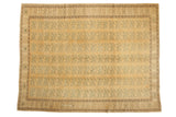 Distressed vintage Oushak carpet, faded gold field with ocean blue green floral pattern.