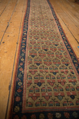 Antique Caucasian runner, germinating plant motifs, navy border, and mostly even wear.