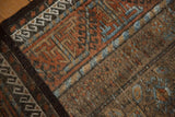 Distressed Belouch rug close-up: mostly even wear revealing madder red, sky blue, and brown guls.