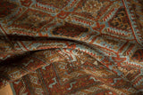 Textured close-up of a distressed Belouch runner with repeating lattice of rust, blue, and bronze.