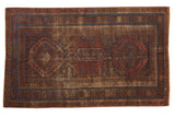 Antique Distressed Belouch rug, triple serrated medallions, madder red, sapphire blue, 4x6.5.