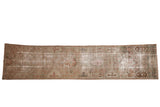 Distressed vintage Hamadan runner, primitive allover pattern, faded terracotta, seafoam, ivory, 2'8