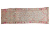 Distressed Oushak runner, faded pink, blue, beige medallions, floral border, 2'6