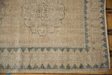 Distressed vintage Oushak runner's muted beige pile, foundation visible, with pale turquoise zig-zag borders.