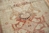 Distressed vintage Oushak runner with ivory, blush, and red Mahal-inspired motifs.