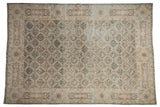 Vintage Distressed Sivas carpet, seasonal diamond lattice, cartouche border in ivory, dusty teal, coffee brown, 6'5