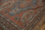 Distressed madder red and sky blue geometric guls and zig-zag border, antique Soumac.