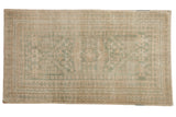 Vintage Distressed Oushak rug, faded seafoam green lozenge medallion, beige ground, 3'10