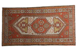 Distressed vintage Caucasian rug, elongated medallion, pawn motif, madder root rust, gold, ivory, 4' x 7'3