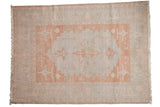 Vintage distressed Oushak carpet, pale blue oversized medallion, faded blush Samovar border, 5'9