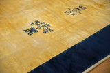 Peking carpet's saffron yellow field adorned with cobalt blue pictorial potted plants.