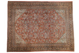 Distressed Persian Mahal rug, allover splayed floral vinery, faded terra cotta, charcoal, powder blue.