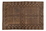 Vintage hand-knotted Persian Belouch rug, four-panel geometric design, germinating plant motifs, earthy browns and beige.