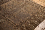 Vintage Belouch rug border featuring geometric square motifs and finned patterns in brown tones.