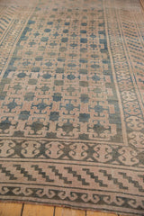 Muted dusty teal, ivory, and mauve geometric panel motifs on a distressed Khotan carpet.