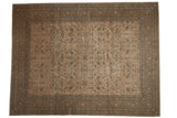 Vintage distressed Sivas carpet, scrolling vinery in muted antique ivory, beige, and indigo, 9'10