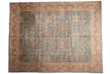 Distressed vintage Meshed carpet, allover vinery and floral motifs in faded sky blue, blush, beige.