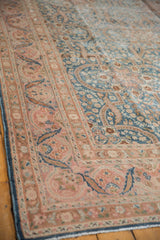 Distressed vintage Meshed rug corner with blush border and sky blue field, displaying mil fleur vinery.