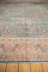 Distressed Meshed carpet border: curvilinear blush leaves, meandering sky blue vinery.