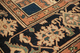 Patinaed floral vinery and geometric borders in navy, terra cotta, and green.