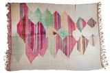 Vintage Turkish Rag Rug with abstract layered striations in vibrant ivory, pink, green, red.