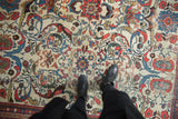 Vintage Persian Mahal carpet with feet on ivory field, madder red palmettes, indigo vinery.