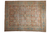 Distressed vintage Mahal carpet, allover floral vinery in terra cotta, sky blue, and ivory, 9'11