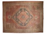 Vintage Distressed Oushak Carpet, large central medallion, faded red, dusty teal, and sand tones.