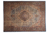Hand-knotted Persian Malayer carpet, scalloped medallion, millefleur design, denim blue and beige tones.