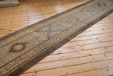 Distressed Serab runner with intricate geometric ground, brown selvage, and antique ivory, burgundy, blue tones.