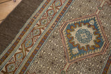 Detail of Serab rug's brown selvage, geometric border, and lattice patterned ground.