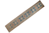 Distressed vintage Persian Serab runner with denim blue, terracotta, and ivory medallions.