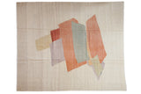 New Afghani Kilim carpet features abstract shapes and abrashes in ivory, red, lavender, silver.