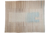 Hand woven Afghani Kilim carpet featuring staggered geometric ivory, pale brown, and powder blue stripes, 8'1